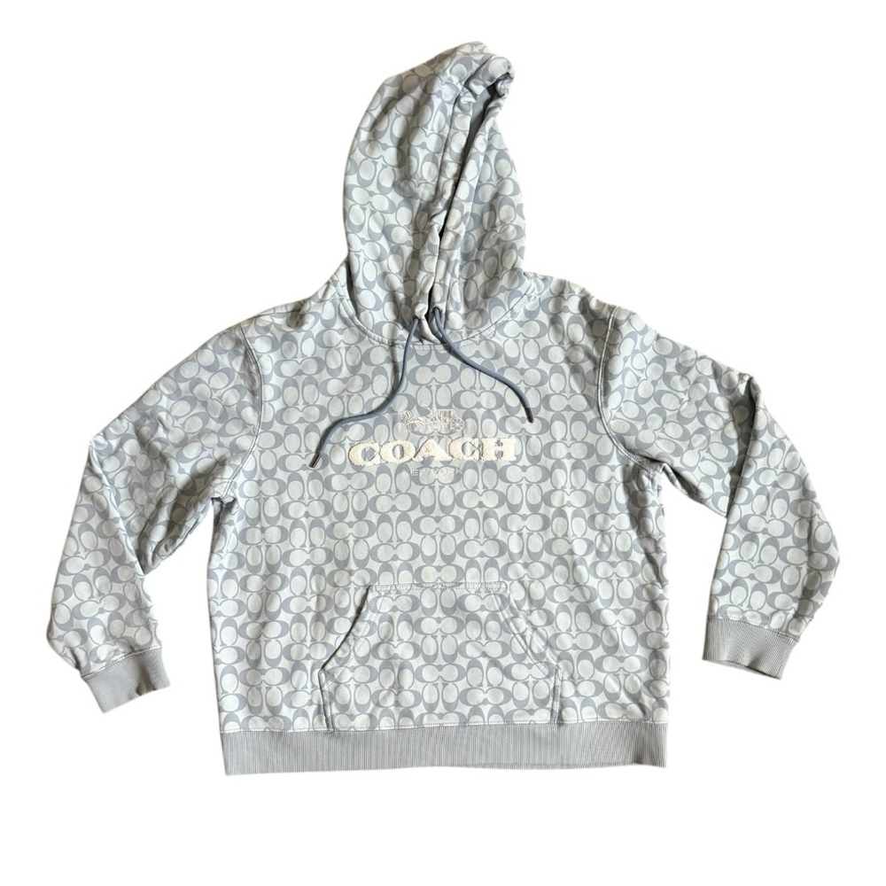 Coach Womens Signature Hoodie Size Large Blue Organic Cotton All Over Comfy Cozy - Picture 2 of 8